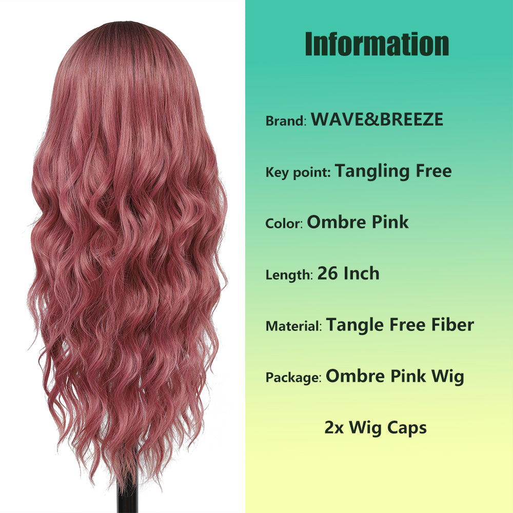 Long Ombre Pink Wigs for Women 26 inch Wavy Curly Middle Part Hair Wig Tangle Free Protein Fiber Wig