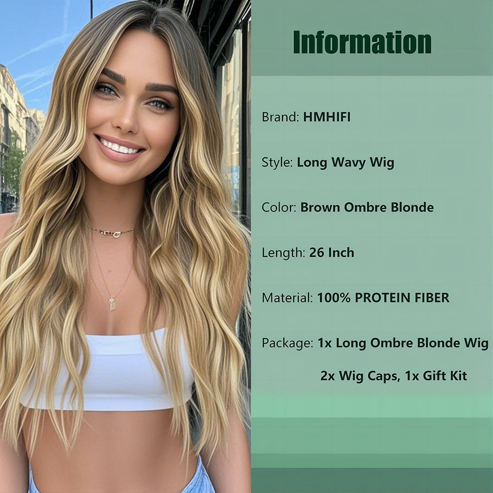 Long Ombre Blonde Wigs for Women 26 inch Wavy Curly Middle Part Hair Wig Tangle Free Protein Fiber Wig