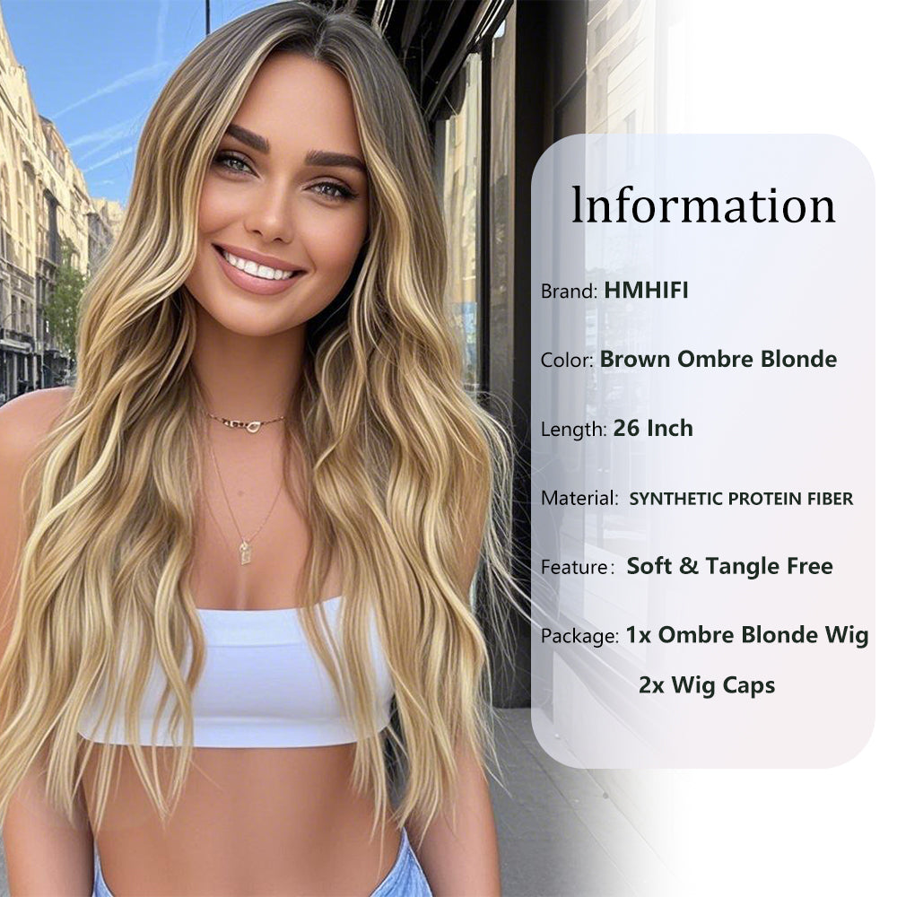 Long Ombre Blonde Wigs for Women 26 inch Wavy Curly Middle Part Hair Wig Tangle Free Protein Fiber Wig