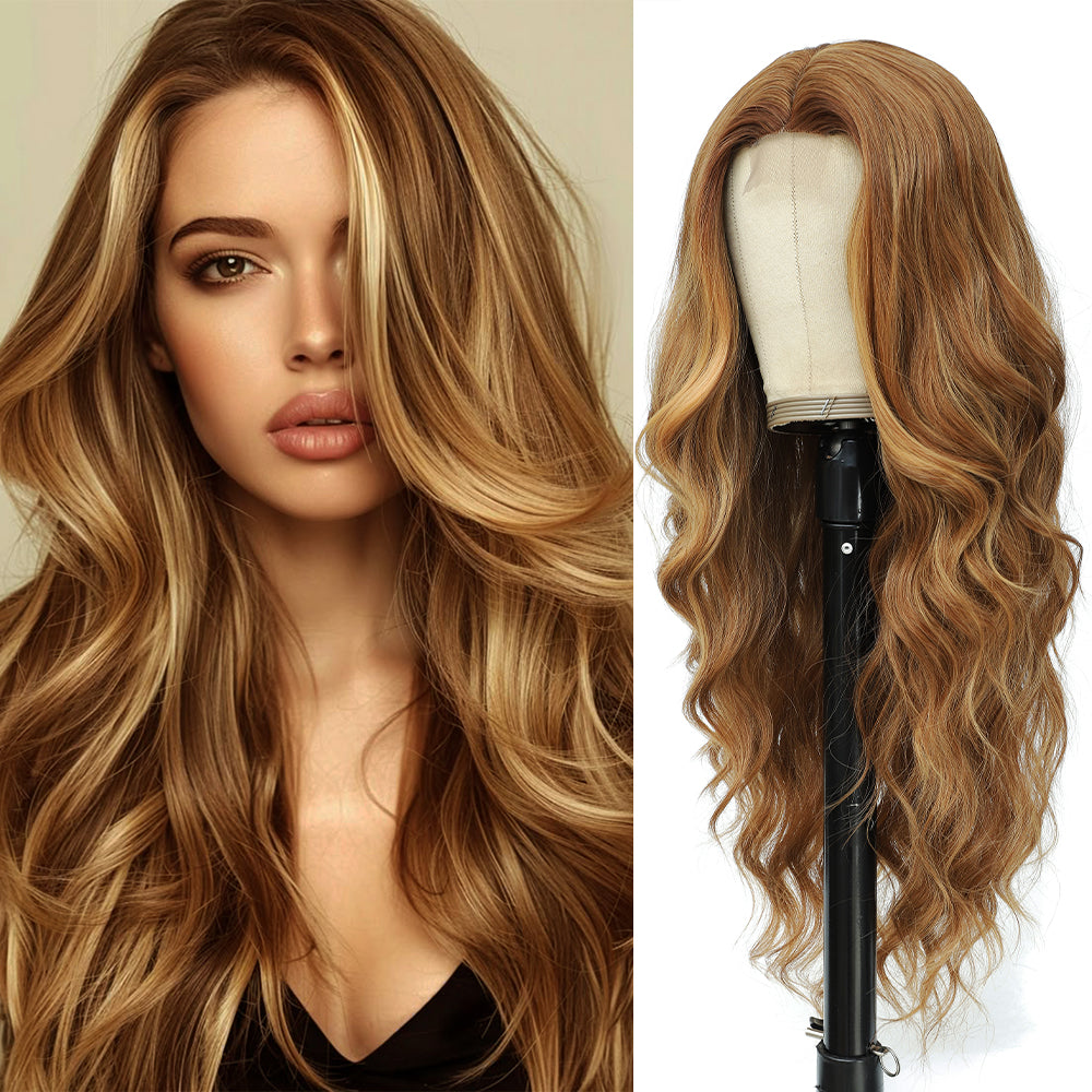 Long Ombre Blonde Wigs for Women 26 inch Wavy Curly Middle Part Hair Wig Tangle Free Protein Fiber Wig