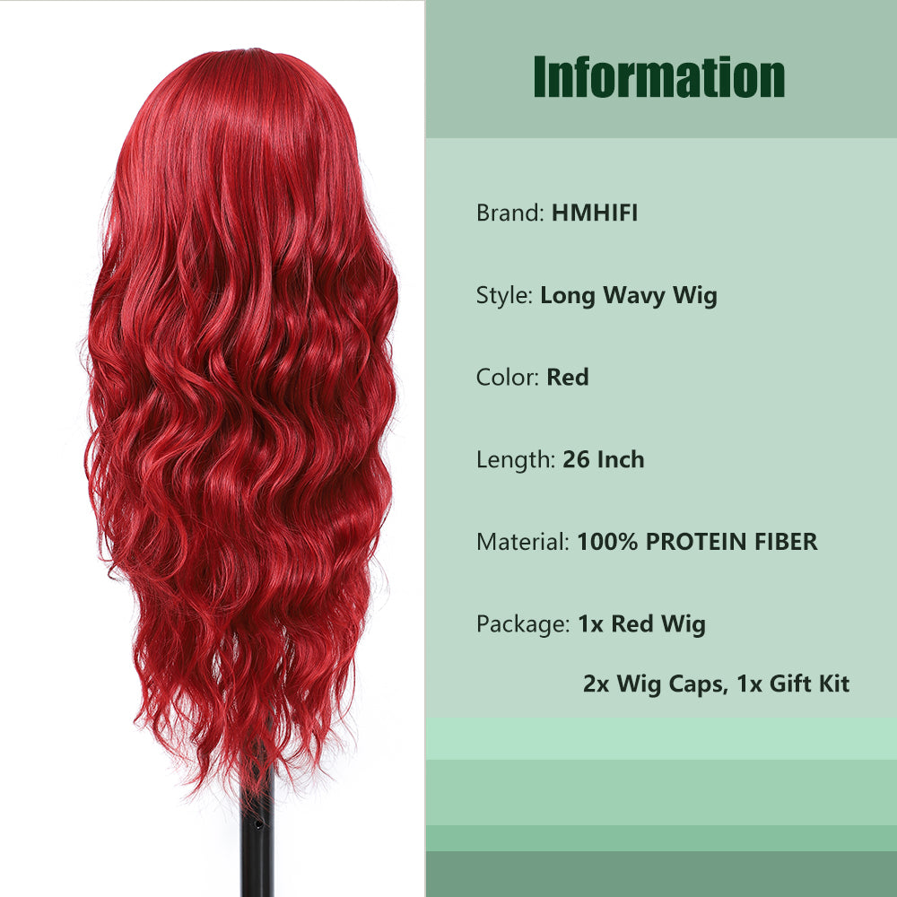 Long Red Wigs for Women 26 inch Wavy Curly Middle Part Hair Wig Tangle Free Protein Fiber Wig