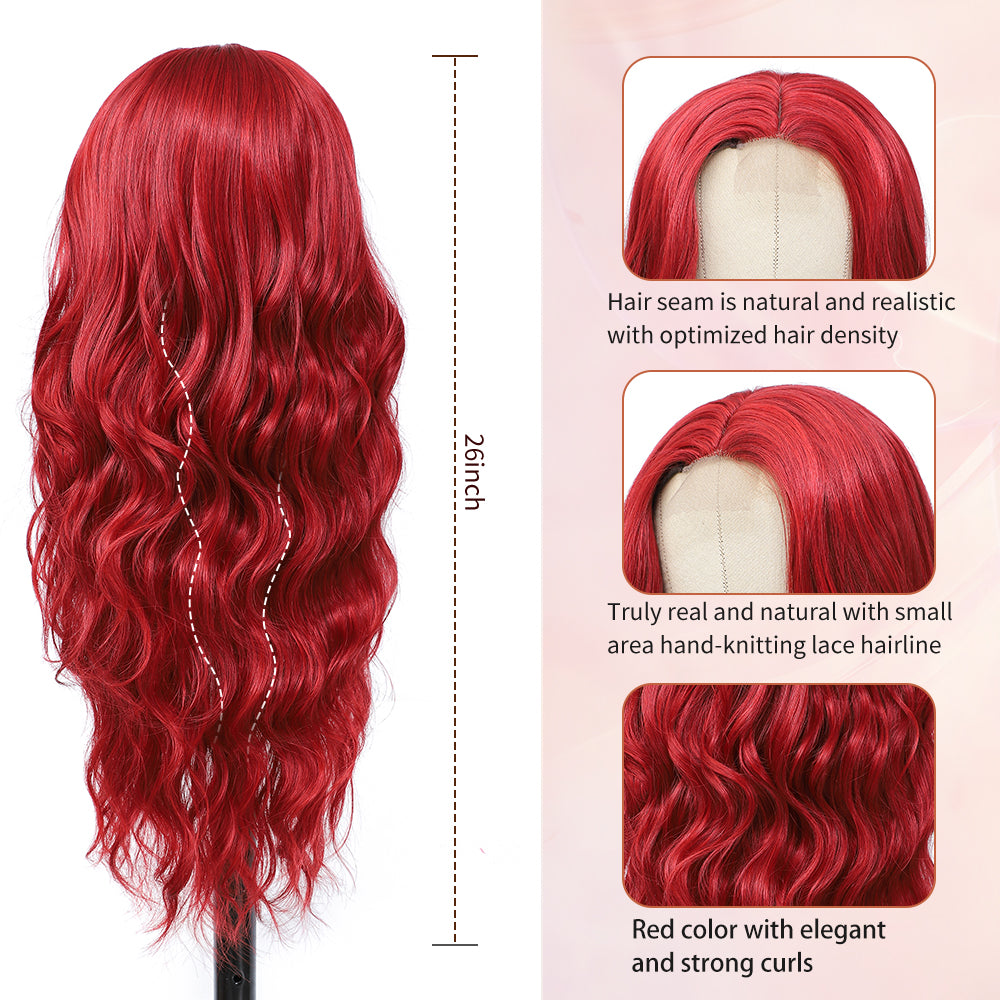 Long Red Wigs for Women 26 inch Wavy Curly Middle Part Hair Wig Tangle Free Protein Fiber Wig