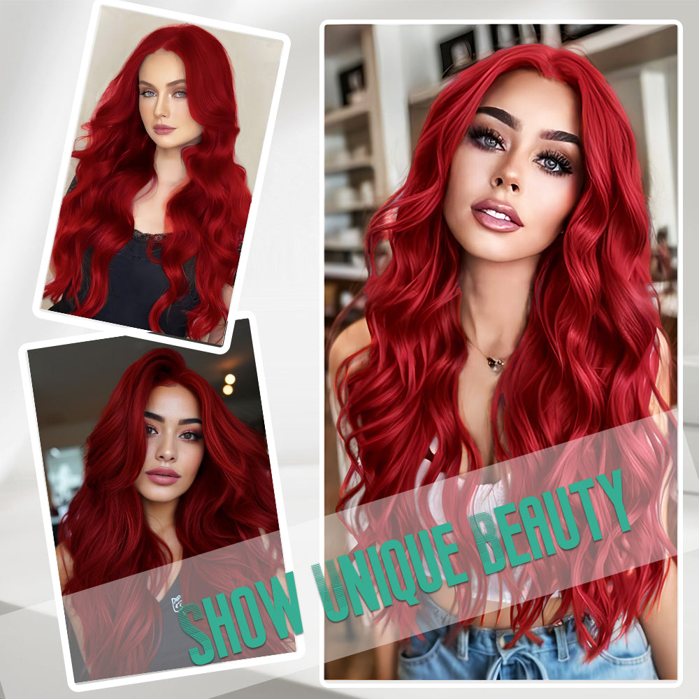 Long Red Wigs for Women 26 inch Wavy Curly Middle Part Hair Wig Tangle Free Protein Fiber Wig