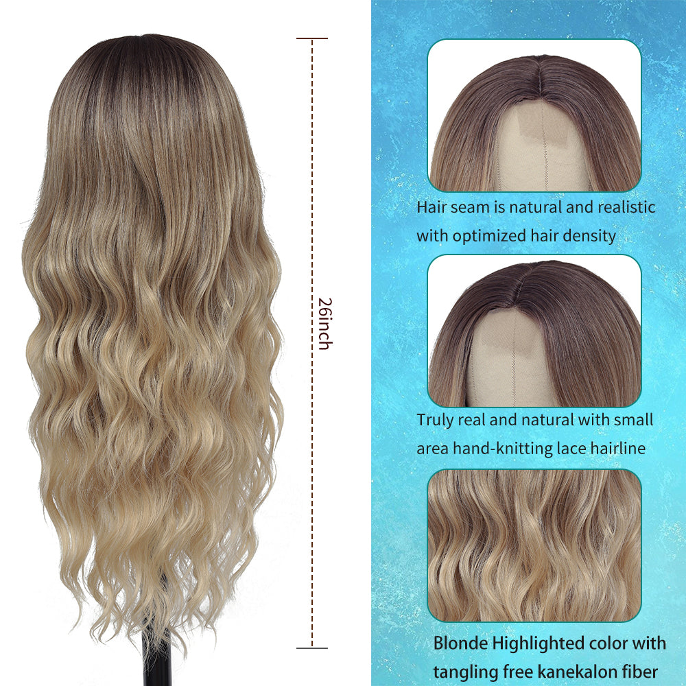 Long Ombre Blonde Wigs for Women 26 inch Wavy Curly Middle Part Hair Wig Tangle Free Protein Fiber Wig