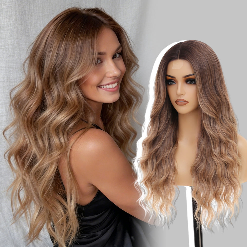Long Ombre Blonde Wigs for Women 26 inch Wavy Curly Middle Part Hair Wig Tangle Free Protein Fiber Wig