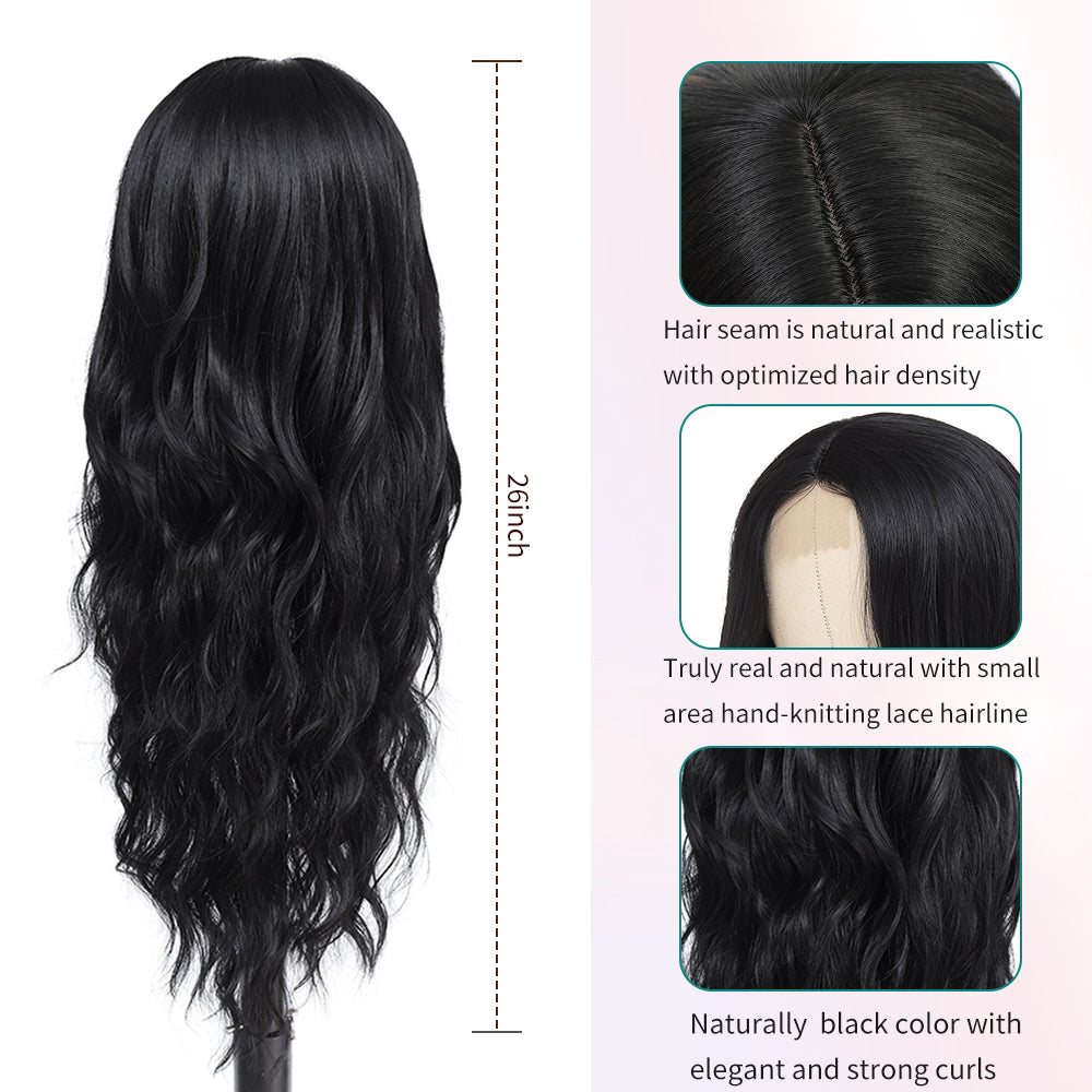 Long Black Wigs for Women 26 inch Wavy Curly Middle Part Hair Wig Tangle Free Protein Fiber Wig