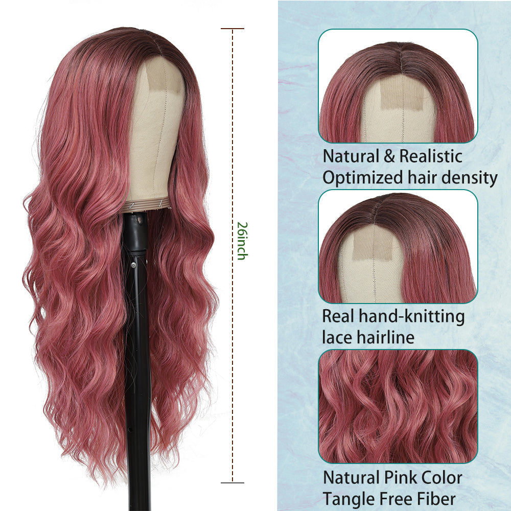 Long Ombre Pink Wigs for Women 26 inch Wavy Curly Middle Part Hair Wig Tangle Free Protein Fiber Wig