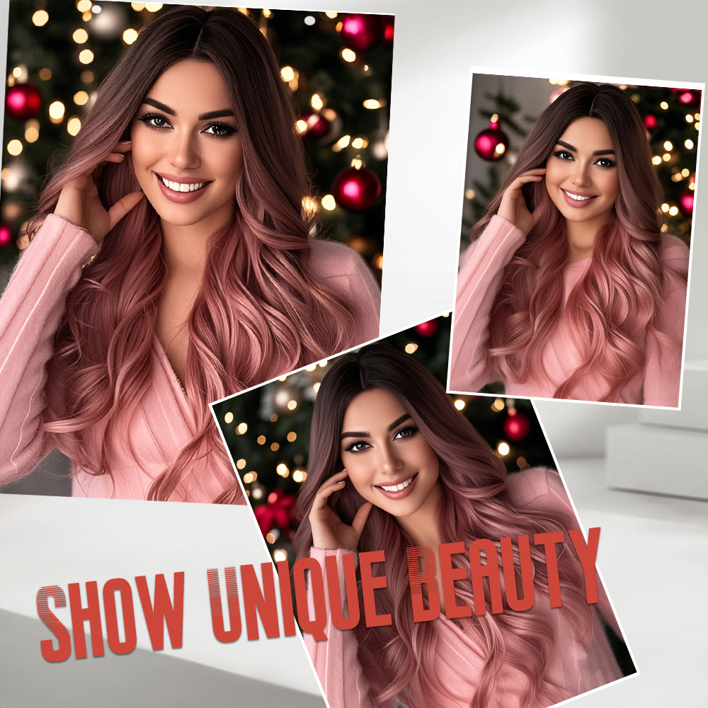 Long Ombre Pink Wigs for Women 26 inch Wavy Curly Middle Part Hair Wig Tangle Free Protein Fiber Wig