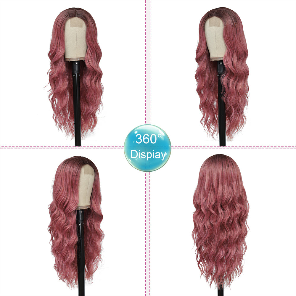 Long Ombre Pink Wigs for Women 26 inch Wavy Curly Middle Part Hair Wig Tangle Free Protein Fiber Wig